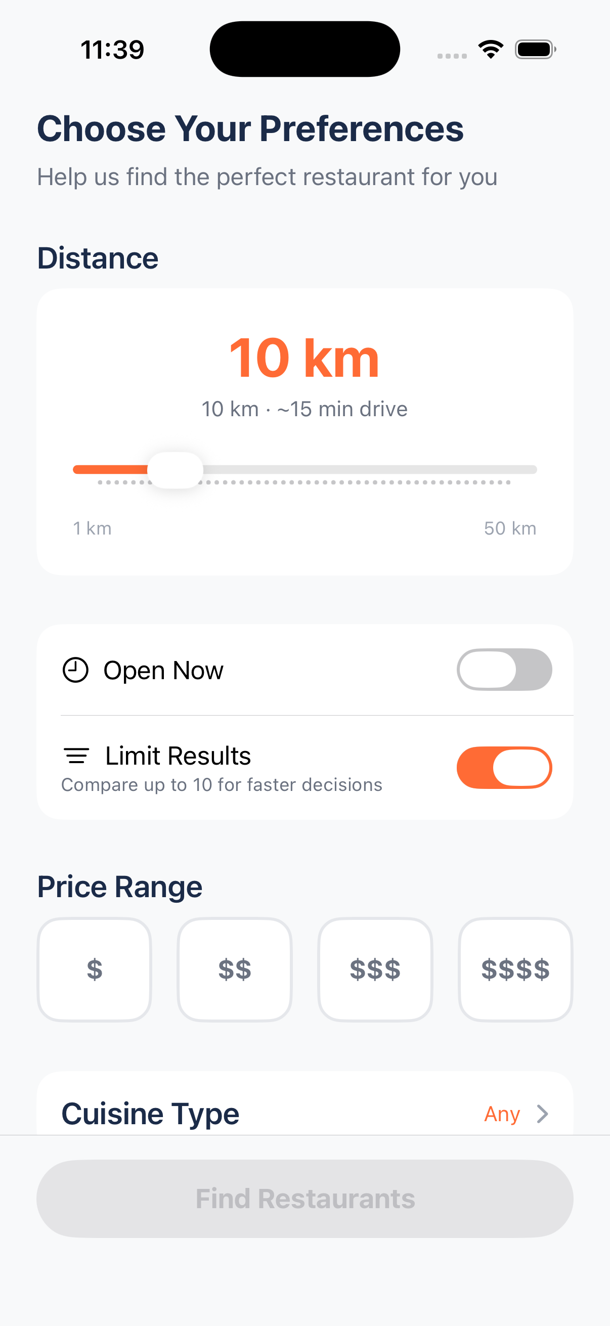 Filters screen